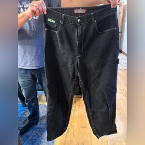 Black Jeans w/ Green Embroidery & White Stitching